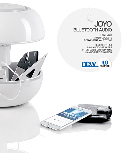 Lampada Joyo, 3 porte USB, Vano portaoggetti, Bluetooth, 5 speakers, Microfono